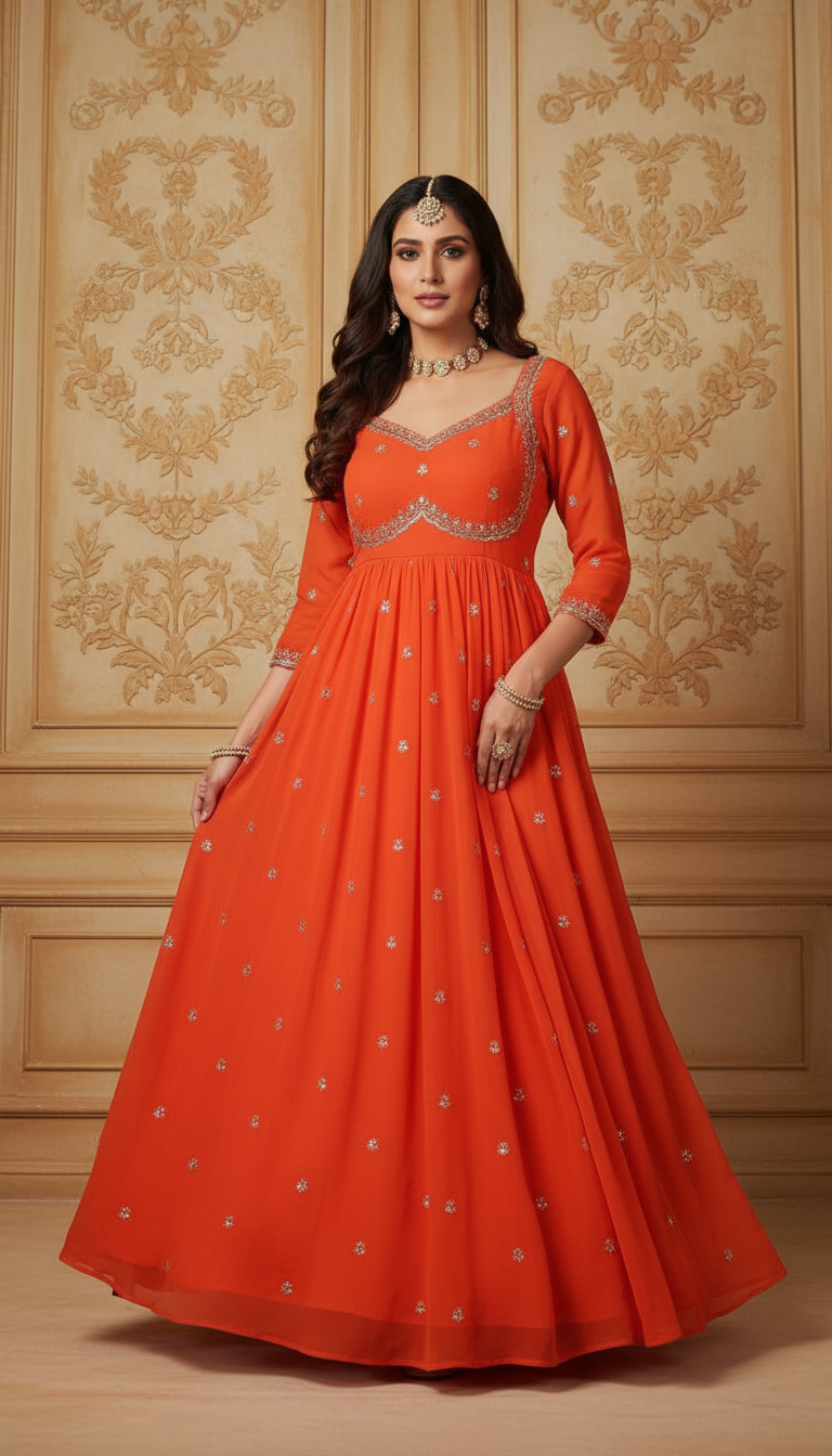 Vibrant Orange Georgette Anarkali Gown with Sequin Embellishments